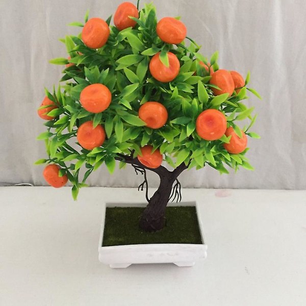 Konstgjord Bonsai-växt i Orange Plastkruka + Liten Fruktträdsplanta i Kruka för Hemmet, Vardagsrum, Blomsteraffär, Hotell, Festdekoration orange