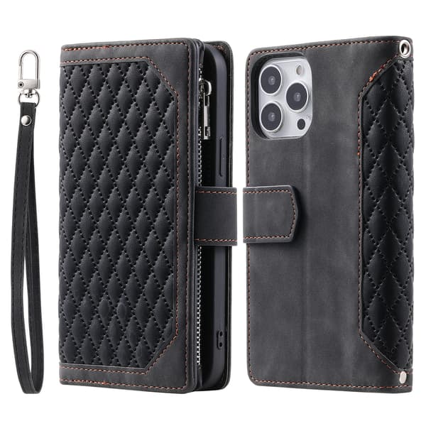 Pungcover kompatibel med iPhone, Rombs PU-læder + blød TPU-rammebeskyttelse med snor black iPhone16plus