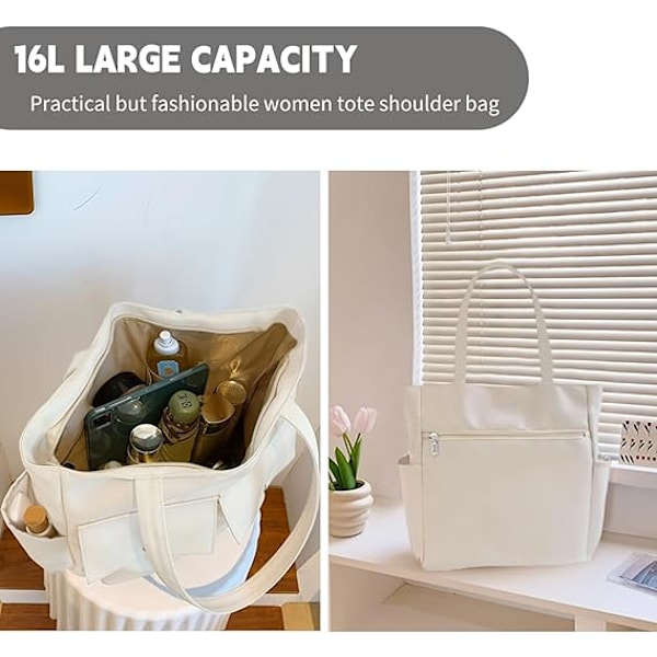 Kvinner Multi Lommer Glidelås Vanntett Lett Tote Bag Casual Store Skuldervesker Søte Canvas College Totes