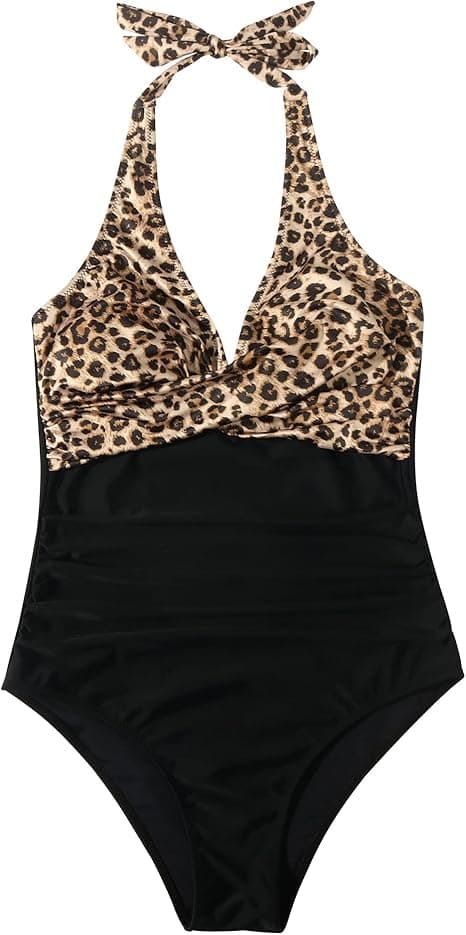 Baddräkt Dam Magkontroll Push Up Baddräkt Halter V-ringad Vadderad Baddräkt i Ett Stycke Leopard M