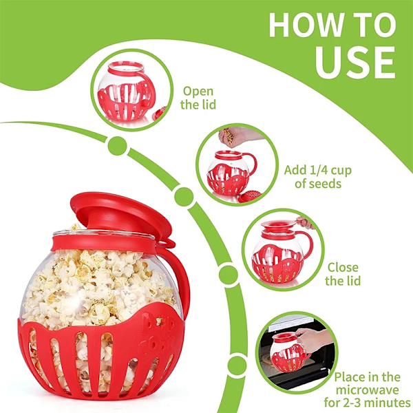 Mikrovågsugns popcornpoppare i glas med silikonlock, mikrovågsugns popcornpoppare med temperatursäkert glas