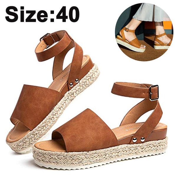 Dames Åbne Tå Ankle Strap Platform Kile Sko Casual Espadriller Trim Flatform Besat Kile Sandaler Dark Brown 40 yards