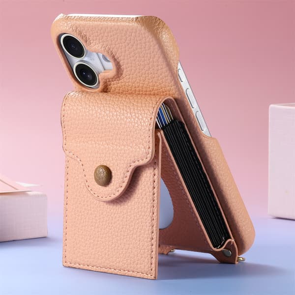iPhone Litchi-læderpung med lang rem, spejl og harmonika-kortlommer til kontanter og læbestift, håndfrit cover til kvinder iPhone 13
