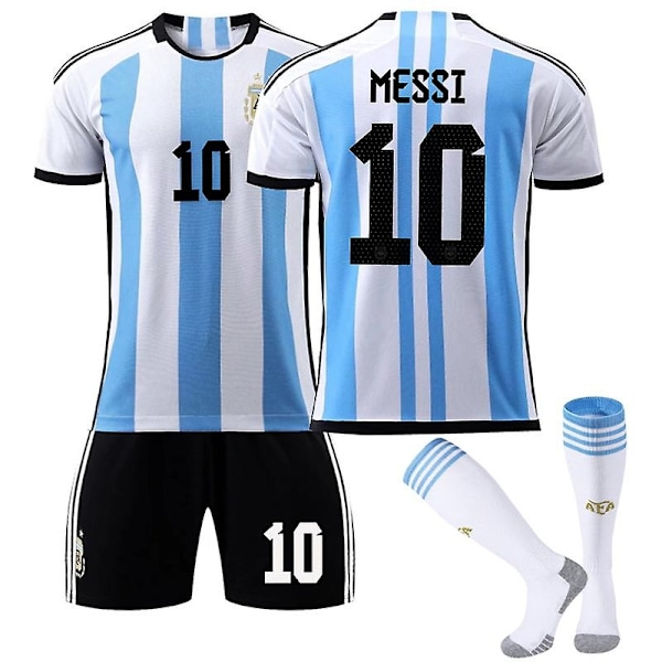 Argentina VM hjemmedrakt for menn Messi #10 Fotballdrakt T-skjorte Shorts Kit Fotball 3-delt sett for barn Voksne-WELLNGS Kids 16(90-100cm)