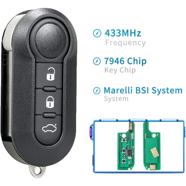 Bilnøkkel med 3 knapper 433 MHz fjernkontroll for Fiat 500 L MPV Ducato for Cit-ro-en Jum-per for Peu-ge-ot Box-er - Modell 2 + Marelli BSI
