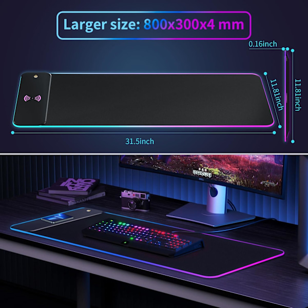 Gaming Musmatta med LED-lys - RGB - med 15W Trådløs Opladning, Bordmåtte, Stor LED Musmåtte med 10 Lystilstande