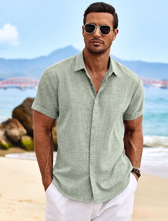 Linnedskjorter til mænd Kortærmede afslappede skjorter Button Down-skjorte til mænd Strand Sommer Lysegrøn Light Green 4XL
