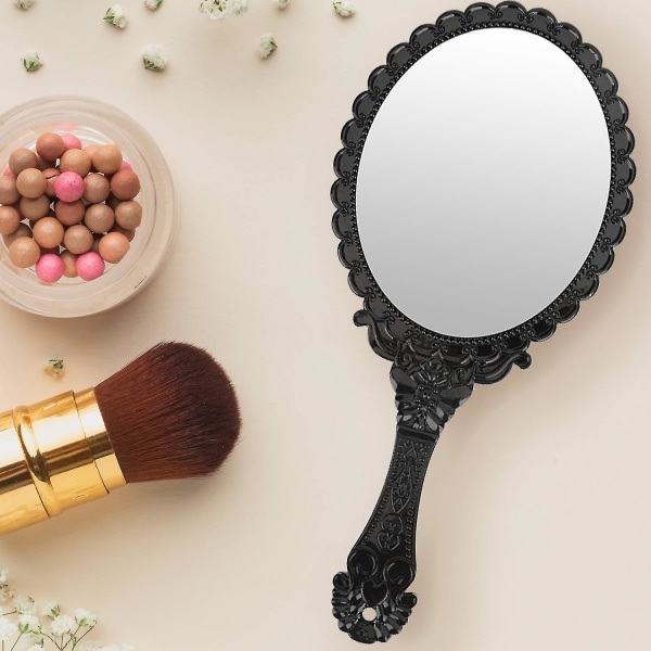 Vintage handhållen spegel, liten söt handhållen dekorativa speglar för flickor Smink Präglad blomma Bärbar resor Personlig kosmetisk spegel Wit-26 Black