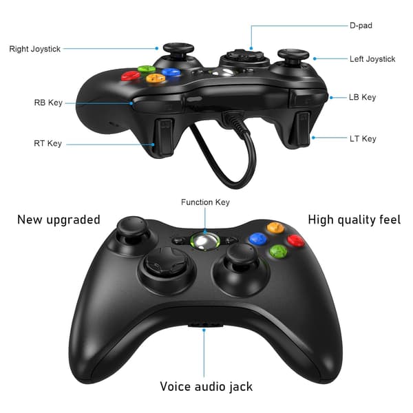 X-Box 360 Controller med ledning, Gamepad Controller med ledning USB til Microsoft X-Box 360 & Slim Console og PC Windows XP/7/8/10, med opgraderet joystick