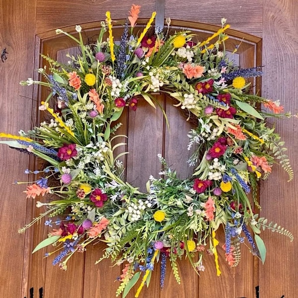 Vår-sommer dørkrans for inngangsdøren, kunstig villblomst vårkrans, allsidig dekorativ krans fargerik vår-sommer krans 40cm