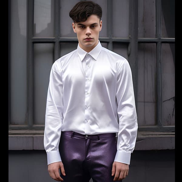Herr glänsande smal passform satin långärmad skjorta vit white M