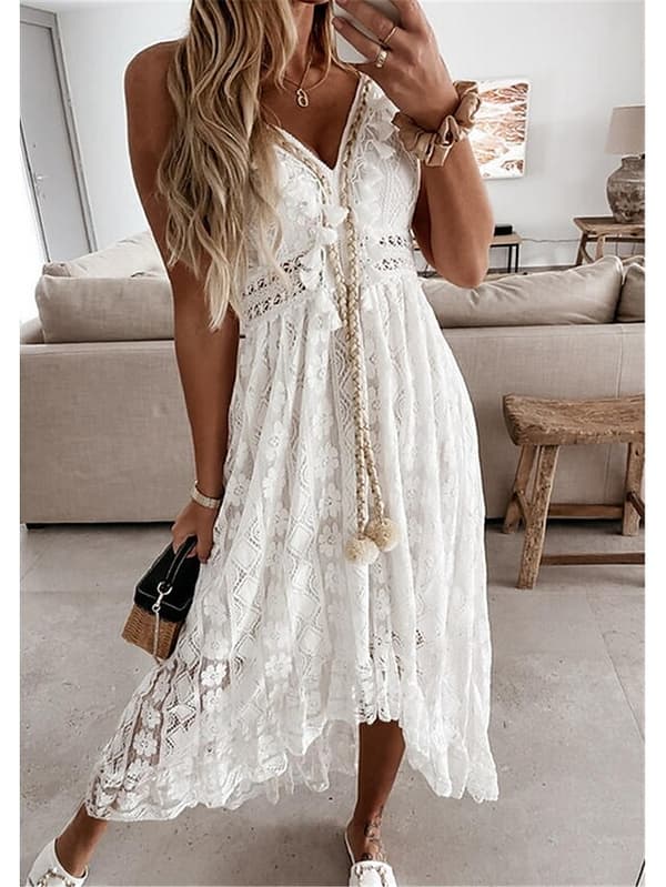 Maxiklänning för kvinnor, swingmodell, vit beige, ärmlös, tryck Vit White XL