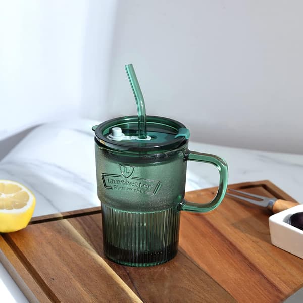 450 ml glas med lock och sugrör, iskaffeglas med sugrör och lock, 2-pack gröna dricksglas med sugrör