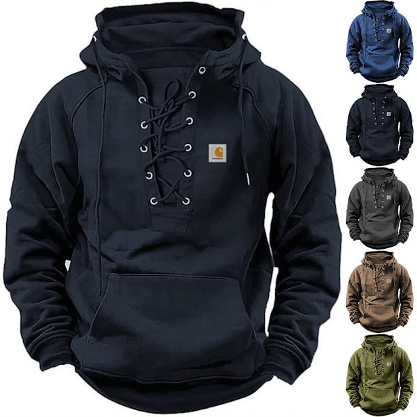 Herremode Casual Strop Top Lomme Ensfarvet Hættetrøje Langærmet Top Sort Black M