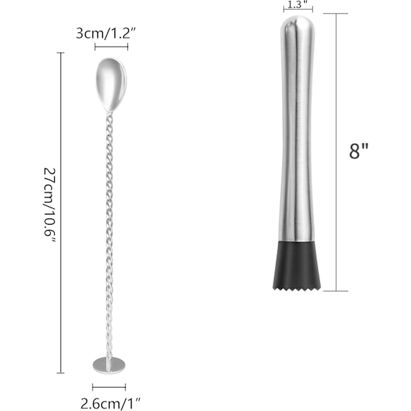 Cocktail Muddlers - Rostfria drinkmuddlare och 29,7 cm blandningssked professionella barverktyg