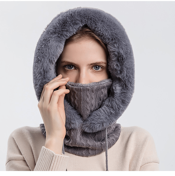 Dam Vinter Overall Lös Ull Hatt Halsduk Mask Dragsko Varm Tröja Huvstickad Mössa Grå