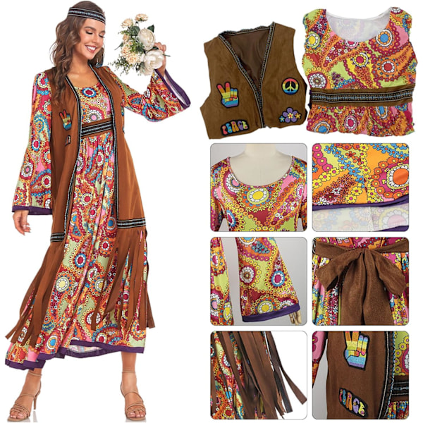 60'er kostume dame, hippie damekjole sæt, 70'er disco halloween outfits, hippie tøj damekostume, 60'er klædetilbehør L
