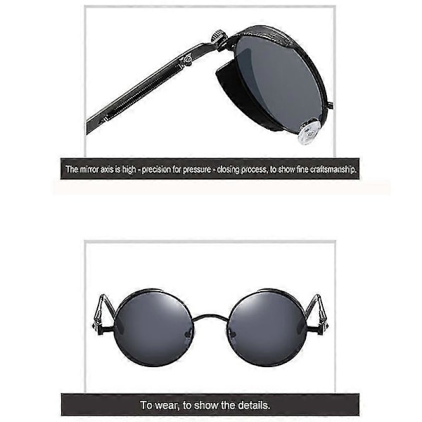 Vintage Polariserende Steampunk Runde Solbriller til Mænd, Stilfulde Db Black Frame Grey Lenses