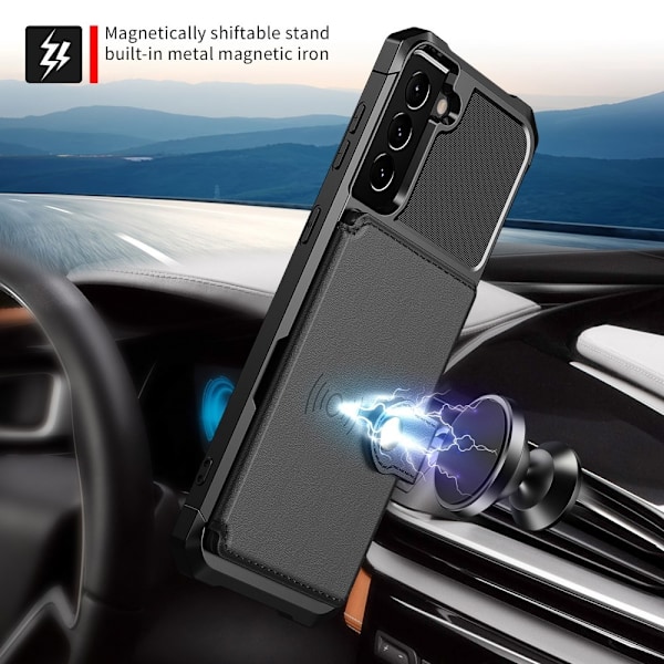 Samsung S21 - Stødsikkert Cover 4-RUMS Kortholder Sort Black