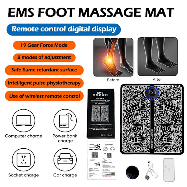 Elektrisk EMS Fotmassasje Matte Akupunktur Stimulator Massag Y remote control One-size