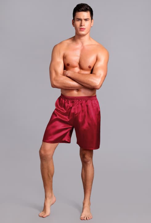 Satinpyjamasboxershorts för män med elastisk midja, röd Red L