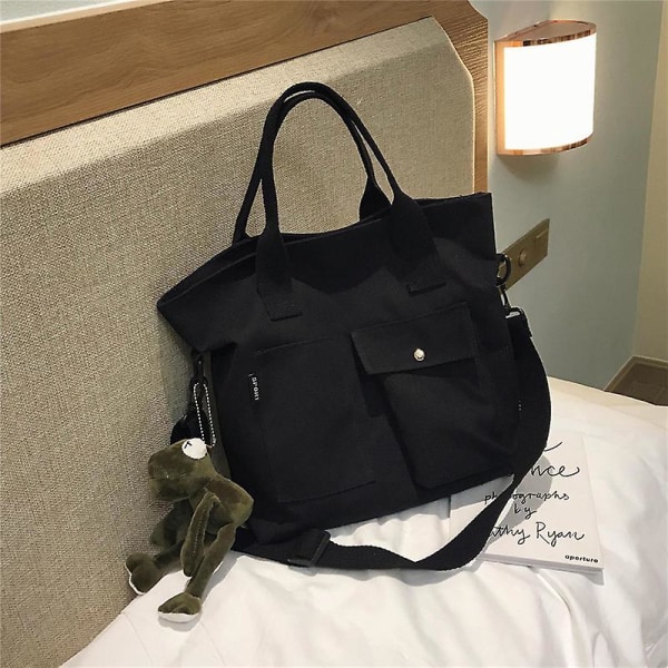 Canvas Stor väska Damväska Ny koreansk version av Studentklassen Bärbar tygväska Väska Shoulder Messenger Bag Tide Black With Frog