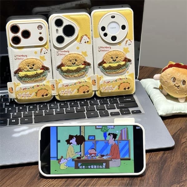 Plyschbroderat Burger Kickstand Mobilskal, Stötsäkert Skyddsfodral med Lädertextur för iPhone, Höst Vinter Stil 17promax
