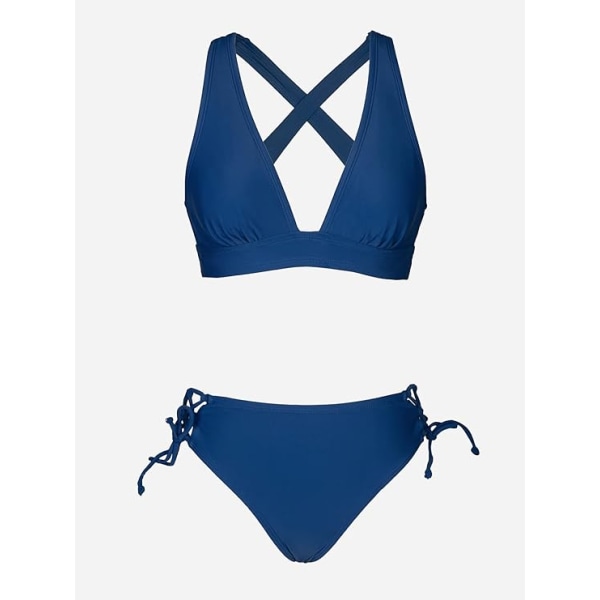 Bikinisett for kvinner, V-hals snøring bikini badetøy kryssrygg Blue XL