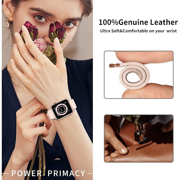 Apple Watch läderarmband, äkta läderarmband för Apple Watch Series 9 8 7 6 5 4 3 2 1 & iWatch SE, Ultra (38 mm 40 mm 41 mm, rosa) Pink