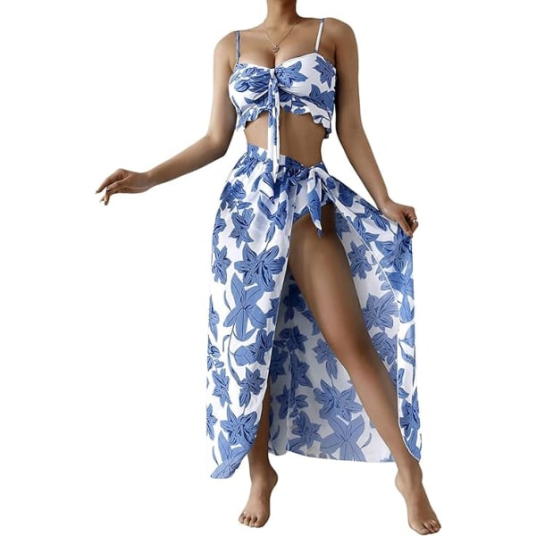 Set av sexig volang bikini topp med trosor och omlottkjol baddräkt blue L