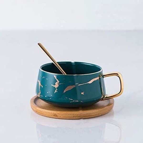Porcelæns Tekop Kaffekrus Sæt til Eftermiddagste - Marmormønster (Lav 301ml + Træunderkop)
