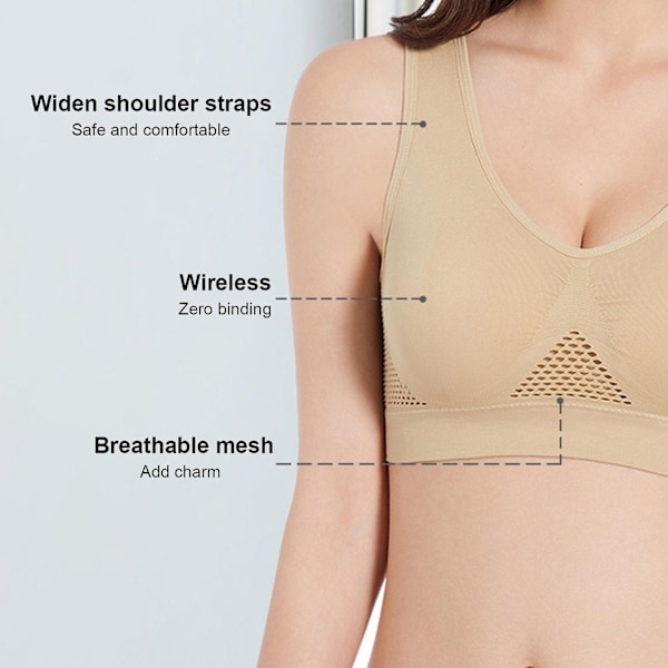 Ultra Breeze Air Lift BH, Pustende og sval BH for kvinner, sømløs M-6XL, 100% ny - WELLNGS Beige Beige 3XL