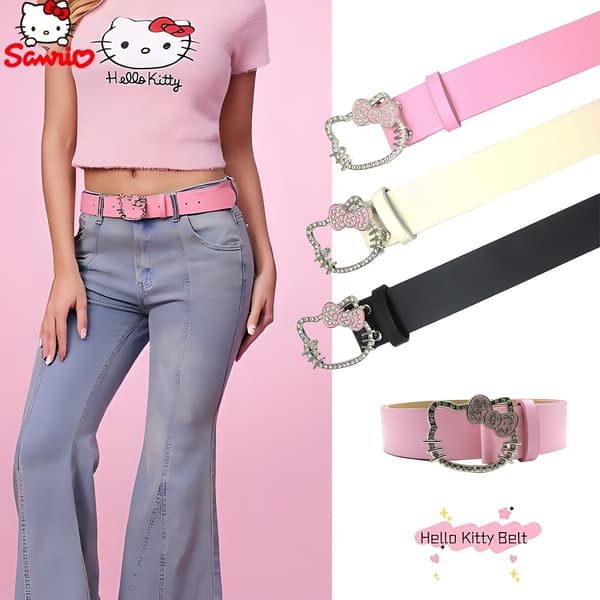 Plus size dambälte med Hello Kitty kristallspänne och nitar, lämpligt för klänningar Pink