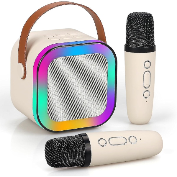 Karaokemaskin för barn Vuxna, mini bärbar blue-tooth karaoke högtalare med 2 trådlösa mikrofoner och dynamiska ljus, hem Ktv, utomhus, resa (beige Beige