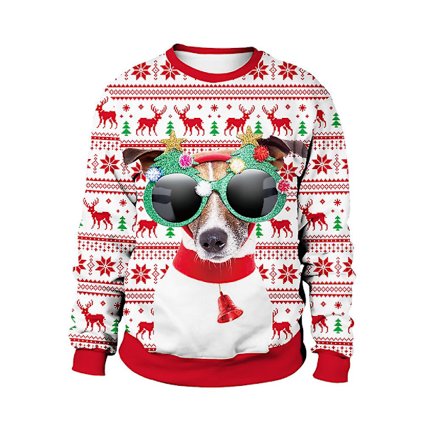 Jultröja Vinter Höst Rundhalsad Tröja Sweatshirt Med Renar Jultomte Tryckt Med Hund XL Dog