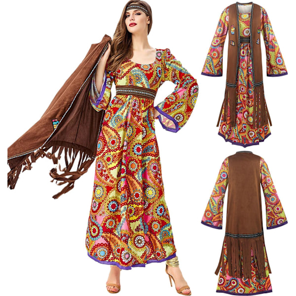 60'er kostume dame, hippie damekjole sæt, 70'er disco halloween outfits, hippie tøj damekostume, 60'er klædetilbehør L