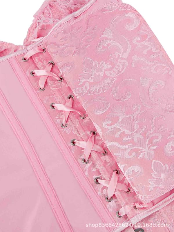 Axelbandslös spetsbustier med puffärmar och snörning – push-up brudkorsett. Pink M