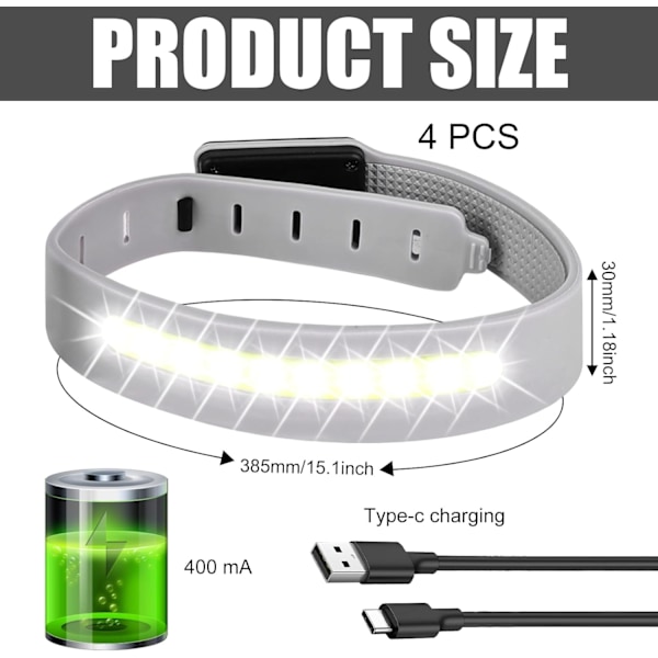 LED Armbånd USB, 4 Pak COB Lys Armbånd LED Reflekterende Løbebælte Lysbånd Børnelys Reflekterende Bælte Lys Sikkerhedslyg LYB