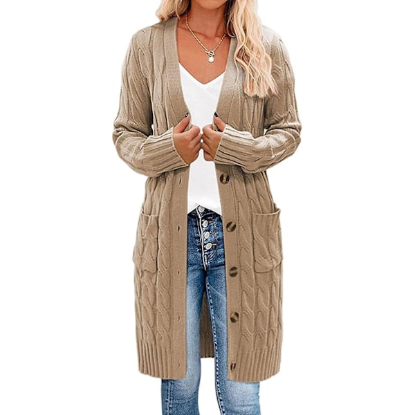 Kvinners Langærmet Kabelstrikket Lang Cardigan Åpen Front Knappelukking Genser Yttertøy Khaki Khaki XL