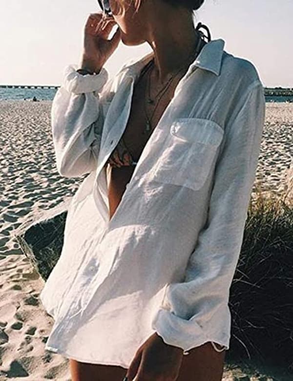 Langermet strandskjorte for kvinner, bluser med nedbrettskrage, cover-ups for badedrakt, G-hvit