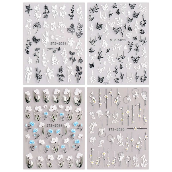 3D Prægede Blomster Nail Art Stickers Decals Selvklæbende 5D Sommer Farverige Blomster Nail Tilbehør Dekoration Tilbehør 4 Ark sjx