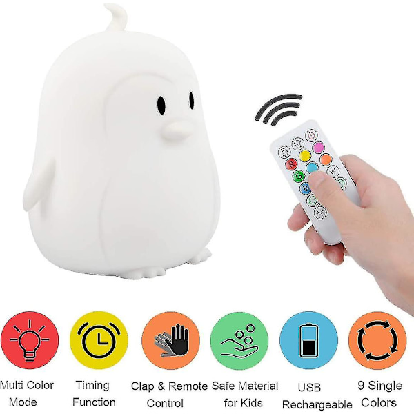 Børne Natlampe (silikone lampe) USB Genopladelig Pingvin Natlamper, 9 Farver Skifter Med Berøringssensor Og Fjernbetjening Til Baby/børn/voksen Senge