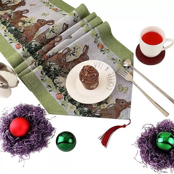 Easter Tablecloth for Dinner Table Decoration Easter Bunny Table Runner for Kitchen and Wine Cabinet Knitted Rabbit Table Runner.33cm*180cm