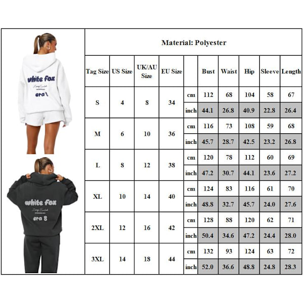 Vit ræv damemode vinter træningsdragt sport hoodie lange bukser casual outfit 2 stk./sæt sportstøj Sort Black M