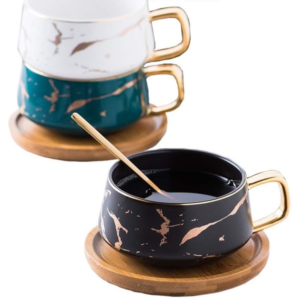 Porcelæns Tekop Kaffekrus Sæt til Eftermiddagste - Marmormønster (Lav 301ml + Træunderkop)