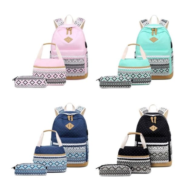 Set med 3 1905-1 Prickig Canvas Ryggsäck Student Skolväska (Mörkblå)