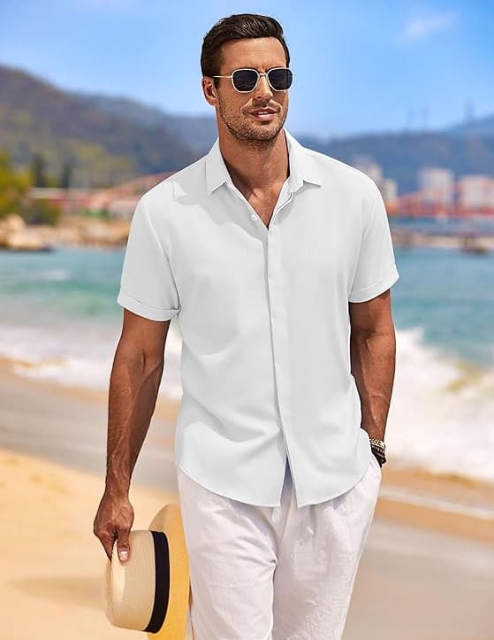 Hørskjorter til mænd Kortærmede afslappede skjorter Button Down skjorte til mænd Strand Sommer Hvid White M