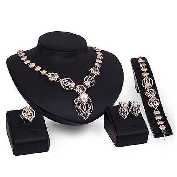Crystal Faux Pearl guldpläterade ring örhängen armband krage halsband smycken set