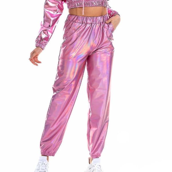 Kvinnor byxor med hög midja Casual Summer Loungewear Metallic Bottoms Pink XL