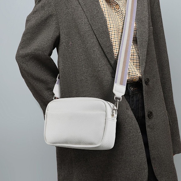 Naisten olkalaukku klassinen leveällä hihnalla varustettu crossbody-laukku vetoketjulla White